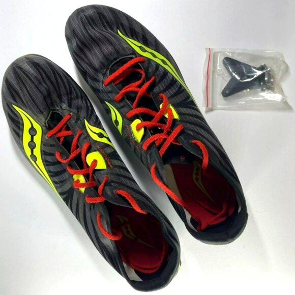 Saucony Mens Carrera XC Black Red Citron Sneaker size 13 includes spikes NWOT - Picture 1 of 6